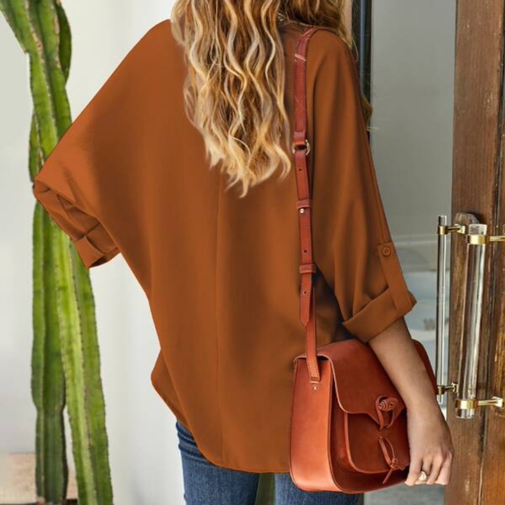 Burgundy V neck High Low Top Classic Minimalist Work Office - Picture 10 of 13